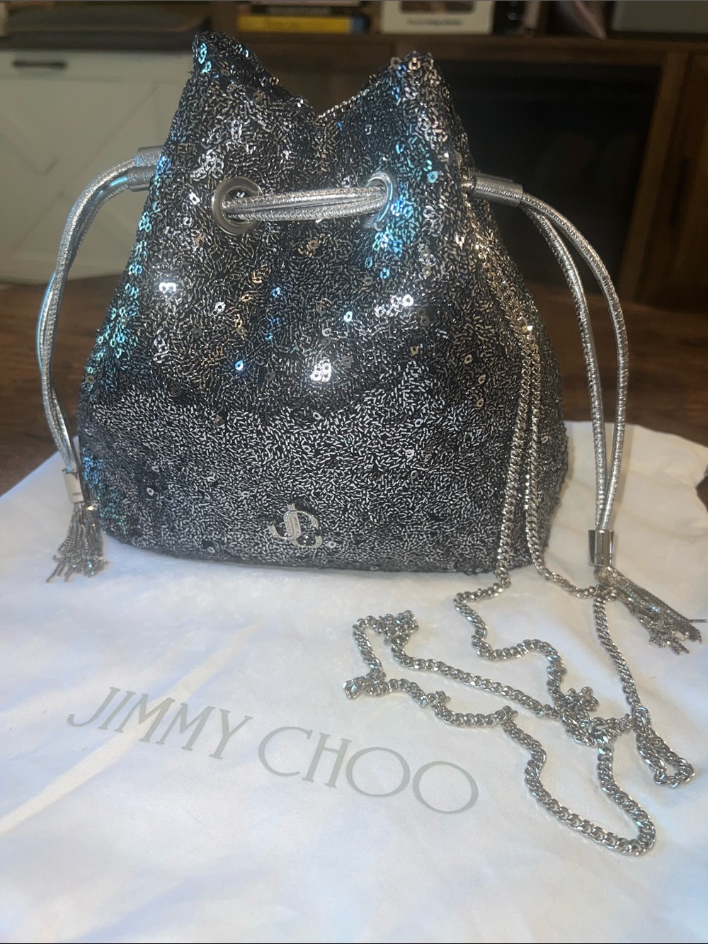 Jimmy Choo Silver/Graphite Sequin Drawstring Mini Bucket Bag - Picture 2 of 13